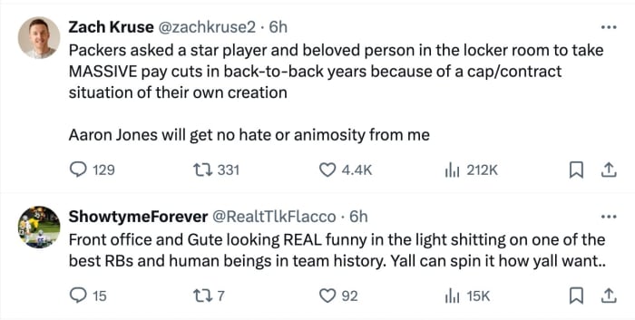 Screenshot of tweets liked by Aaron Jones on Tuesday.